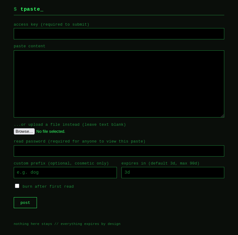 The tpaste front page: a terminal-styled form with fields for access key, paste content, read password, custom prefix, expiry, and a burn-after-first-read option